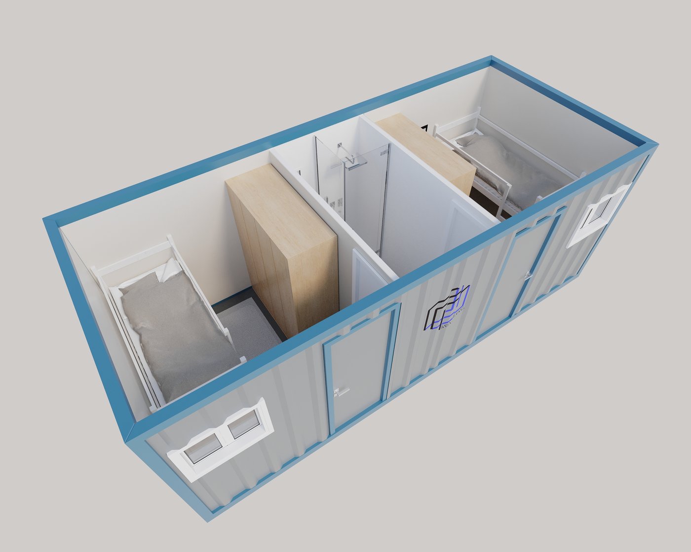 Corte 3D de camarín KELDIR con 2 camas y baño